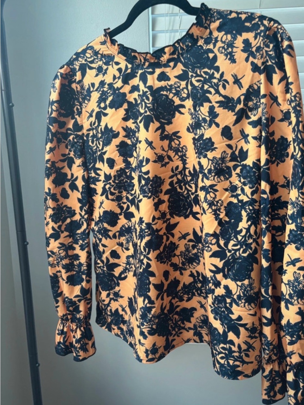 SHEIN Black Floral Print Blouse in Mustard Yellow